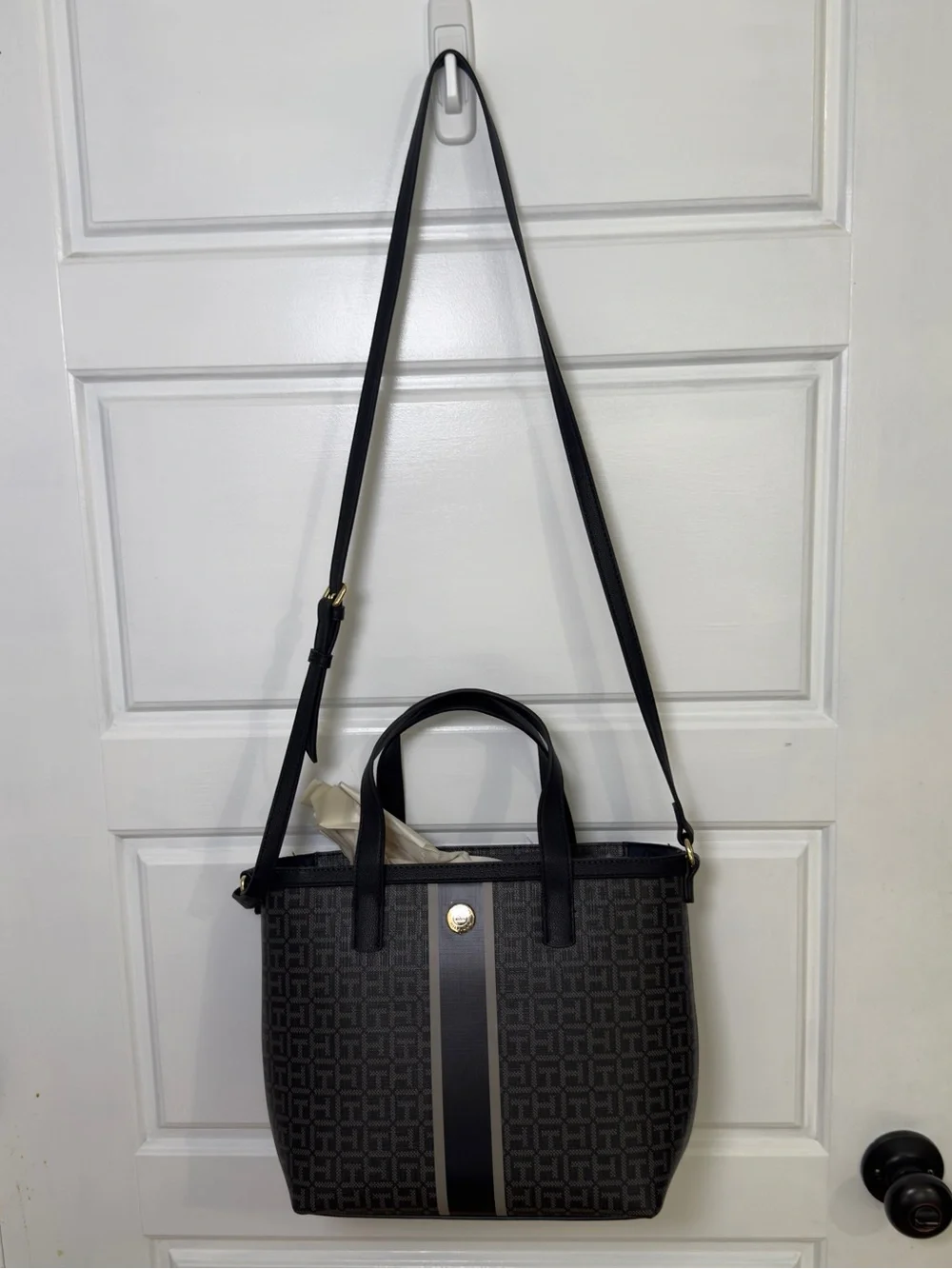 Tommy Hilfiger Black and Gray Monogram Tote with Center Stripe